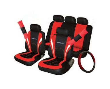 Car Seat, Steering Wheel & Seatbelt Cover Sport Full Set - Black/Red